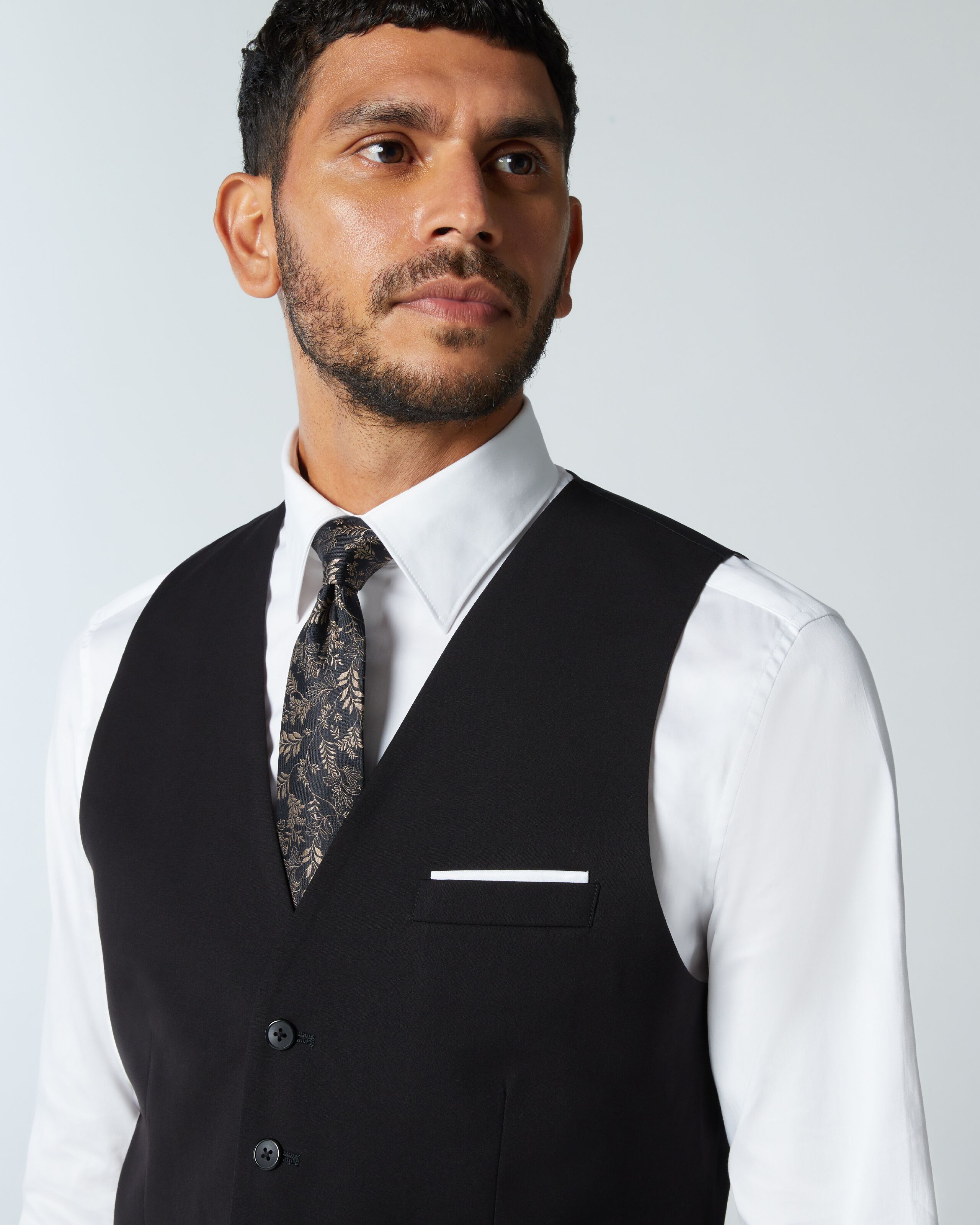 White dress online shirt black vest